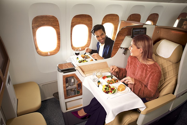 Couple on Boeing 777 Business Class Meal